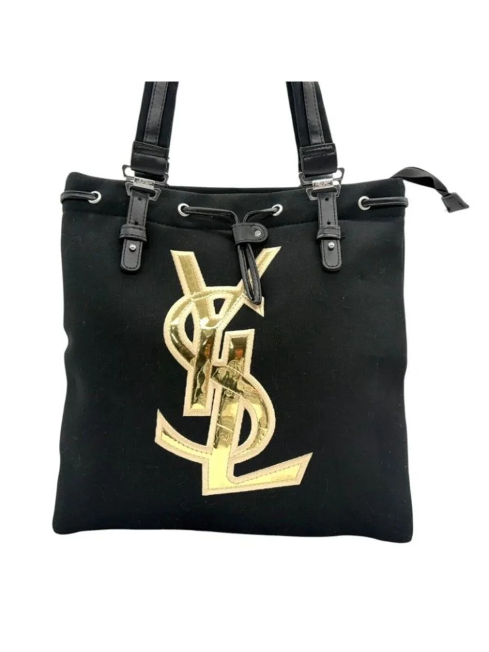 Saint Laurent Yves YSL Tote Shoulder Canvas Leather Black Gold Big Logo Classic - Picture 2 of 10